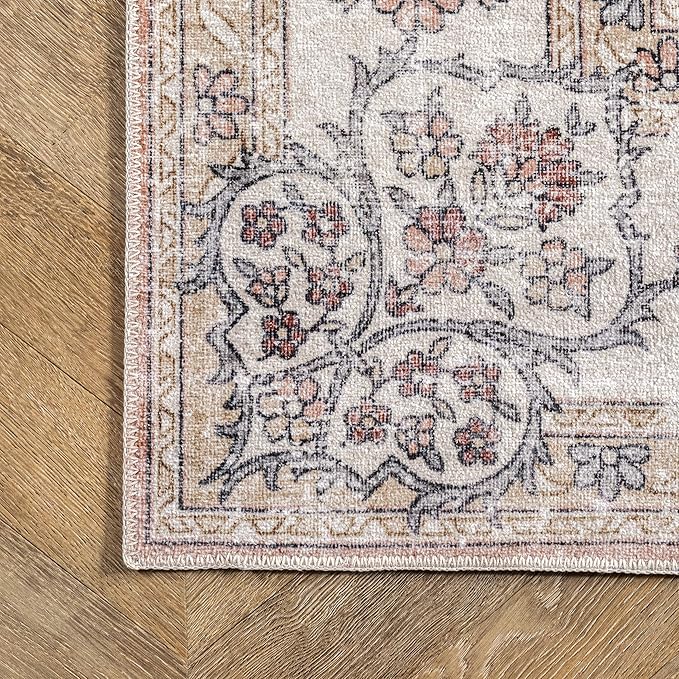 NuLOOM Ren Vintage Floral Machine Washable Ultra Thin Runner Rug, 2' 6" x 6', Peach - LeafyLoom