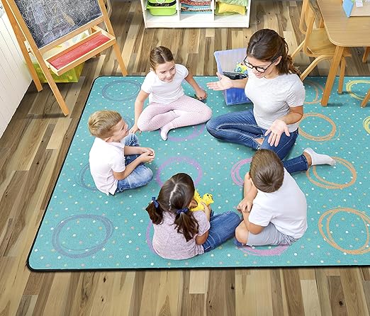 Flagship Carpets Smiley Circle Sampler Abstract Educational Area Rug for Kids Room Seating Décor, Children's Classroom, Play Carpet for Teaching and Playroom, Seats 20, 6' x 8'4", Blue & Multi - LeafyLoom