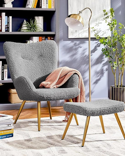 Yaheetech Accent Chair and Ottoman Set, Sherpa Armchair with Golden Metal Legs and High Back, Footstool for Living Room, Lounge, Gray - LeafyLoom