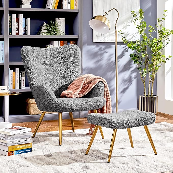 Yaheetech Accent Chair and Ottoman Set, Sherpa Armchair with Golden Metal Legs and High Back, Footstool for Living Room, Lounge, Gray - LeafyLoom