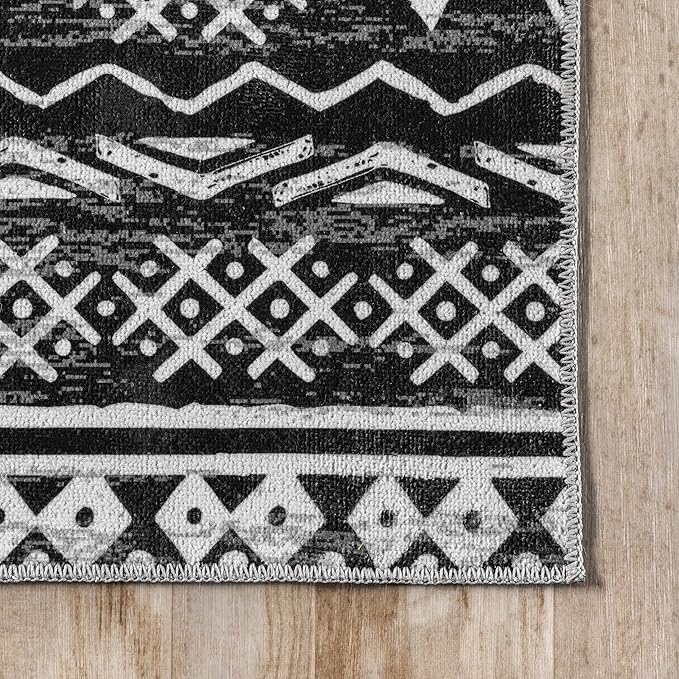 nuLOOM Madlyn Tribal Machine Washable Ultra Thin Area Rug, 6' x 9', Charcoal - LeafyLoom