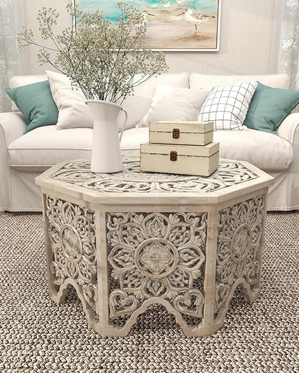 Deco 79 Wooden Floral Handmade Living Room Coffee Table Intricately Carved Table with Hollow Interior, Center Table 33" x 33" x 18", Light Gray - LeafyLoom