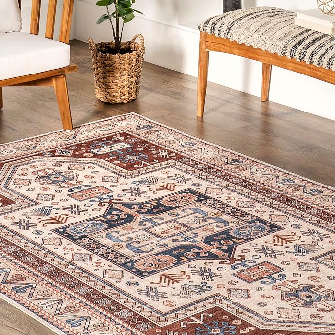 nuLOOM Órla Tribal Bordered Machine Washable Ultra Thin Area Rug, 4' x 6', Rust - LeafyLoom