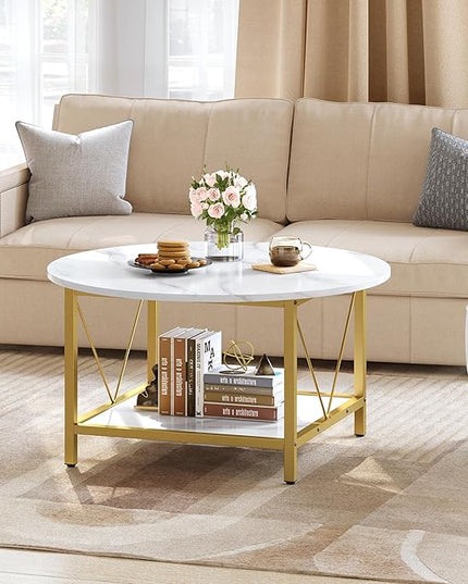 YITAHOME Round Coffee Table,Rustic Wood Coffee Tables for Living Room with Storage Shelf, Modern Farmhouse Circle Coffee Table Center with Sturdy Metal Legs Home Furniture, Gold and White - LeafyLoom
