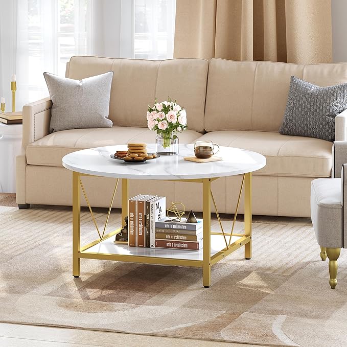 YITAHOME Round Coffee Table,Rustic Wood Coffee Tables for Living Room with Storage Shelf, Modern Farmhouse Circle Coffee Table Center with Sturdy Metal Legs Home Furniture, Gold and White - LeafyLoom
