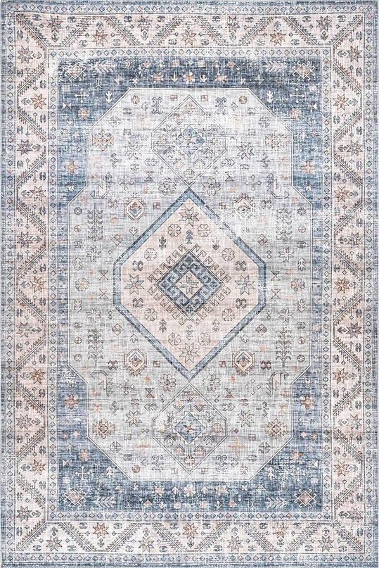 nuLOOM Elowyn Machine Washable Medallion Ultra Thin Area Rug, 4' x 6', Blue - LeafyLoom