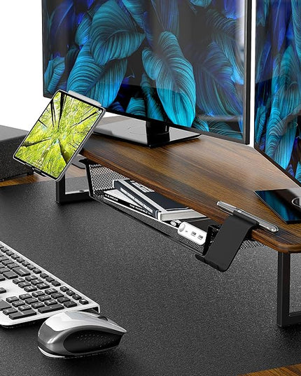 SHW 62-Inch Extra Large Electric Height Adjustable Standing Desk with Monitor Riser and Drawer, 62 x 28 Inches, Walnut - LeafyLoom