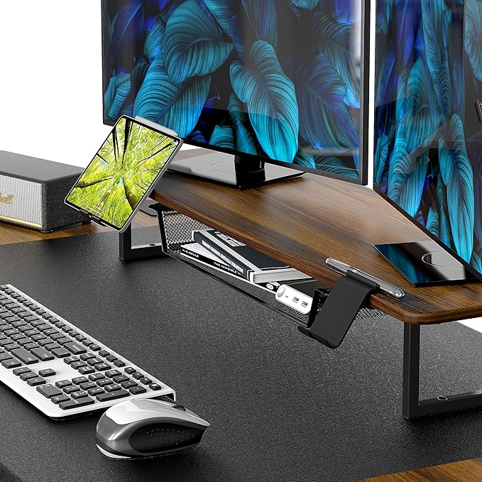 SHW 62-Inch Extra Large Electric Height Adjustable Standing Desk with Monitor Riser and Drawer, 62 x 28 Inches, Walnut - LeafyLoom