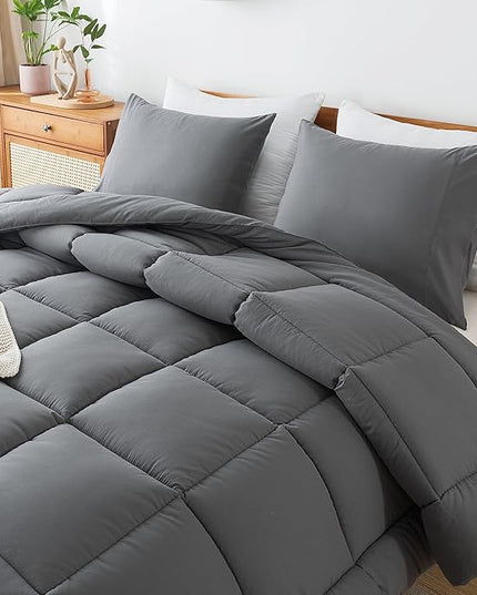 Grey Comforter Set, King Lightweight All Season Soft Down Alternative Bed Comforter, 3 Pieces Bedding Set（King Size，102"x90"） - LeafyLoom