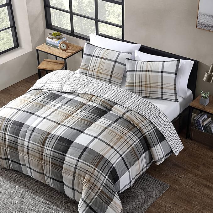 Eddie Bauer - Twin Comforter Set, Plaid Reversible Bedding, Stylish & Warm Home Decor (Normandy Grey, Twin),Grey/White/Beige - LeafyLoom