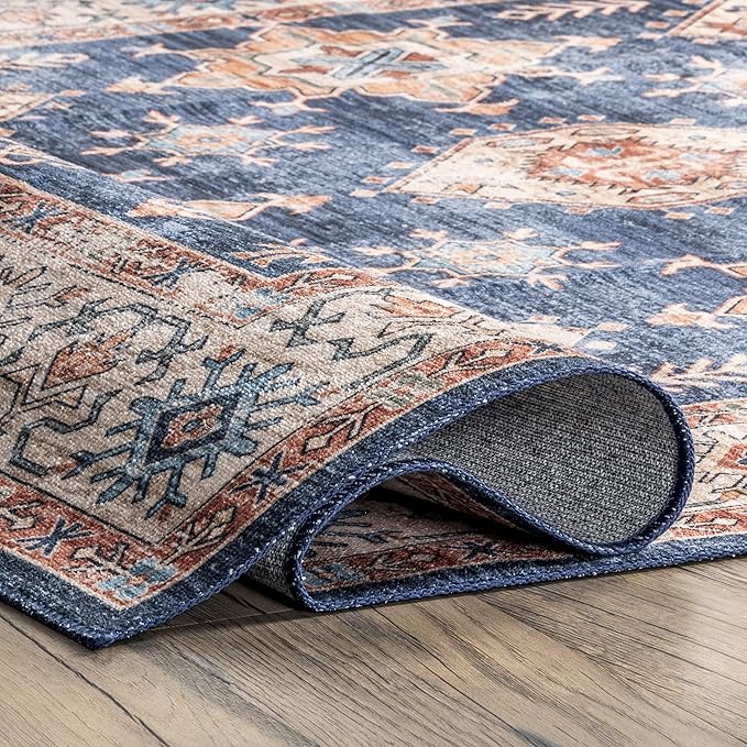 nuLOOM Finley Machine Washable Vintage Distressed Ultra Thin Area Rug, 3' x 5', Navy - LeafyLoom