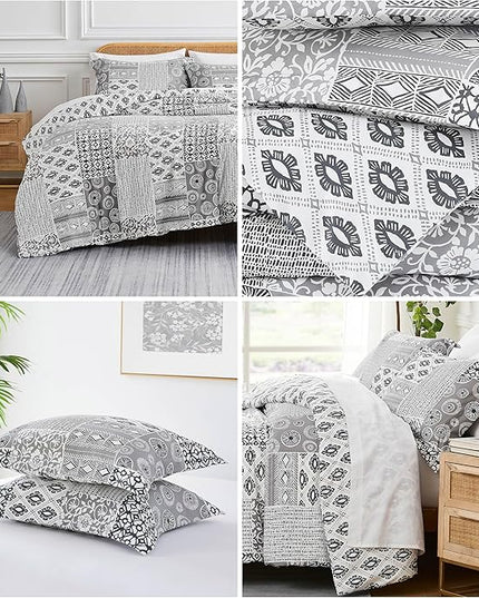 Southshore Fine Living, Inc. Full/Queen Size Comforter Bedding Set with Pillow Shams, Reversible Global Patchwork Quilt is 2 Colors in 1 - Alternative Down Comforter Queen/Full, Grey & White - LeafyLoom