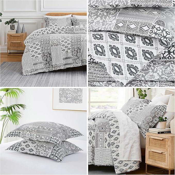 Southshore Fine Living, Inc. Full/Queen Size Comforter Bedding Set with Pillow Shams, Reversible Global Patchwork Quilt is 2 Colors in 1 - Alternative Down Comforter Queen/Full, Grey & White - LeafyLoom