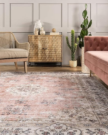 NuLOOM Ren Vintage Floral Machine Washable Ultra Thin Runner Rug, 2' 6" x 6', Peach - LeafyLoom