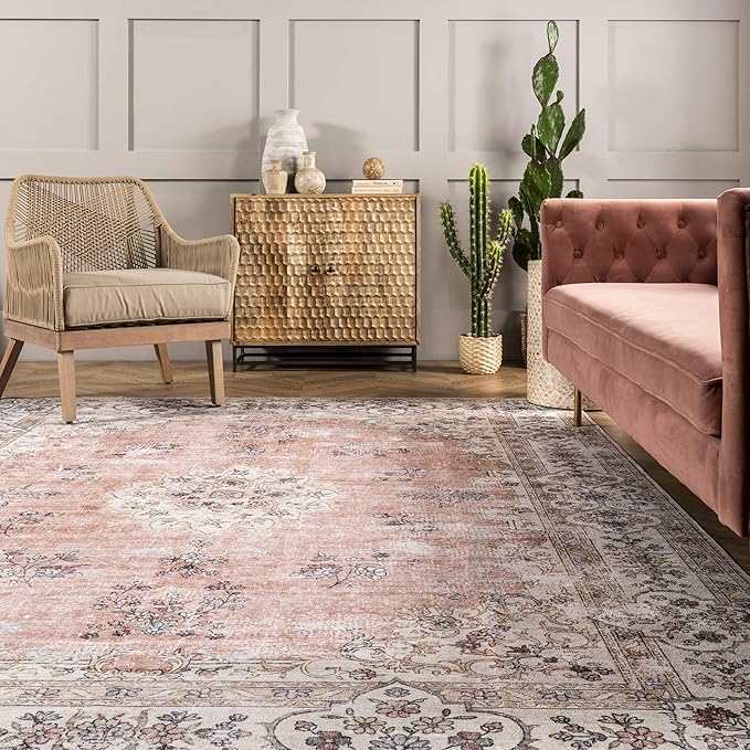 NuLOOM Ren Vintage Floral Machine Washable Ultra Thin Runner Rug, 2' 6" x 6', Peach - LeafyLoom