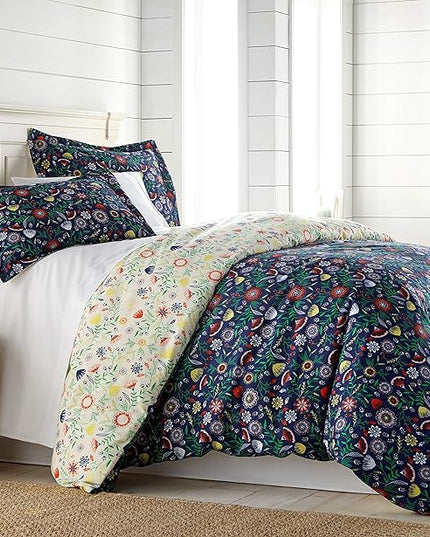 Southshore Fine Living, Inc. Oversized Twin Comforter Bedding Set, Down Alternative Boho Bedspread, Reversible Print is 2 Colors in 1, Twin/Twin XL Comforter & Matching Sham, Blue & Cream - LeafyLoom