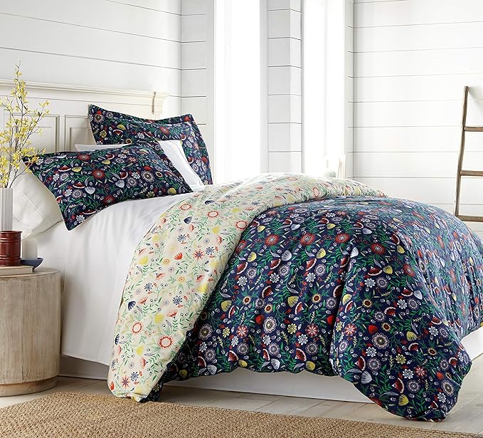 Southshore Fine Living, Inc. Oversized Twin Comforter Bedding Set, Down Alternative Boho Bedspread, Reversible Print is 2 Colors in 1, Twin/Twin XL Comforter & Matching Sham, Blue & Cream - LeafyLoom