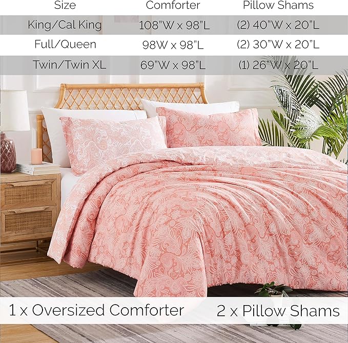 Southshore Fine Living, Inc. Oversized Full/Queen Comforter Set, Down Alternative Paisley Bedspread, Reversible Print is 2 Colors in 1, Queen/Full Comforter & Matching Shams, Coral/White - LeafyLoom