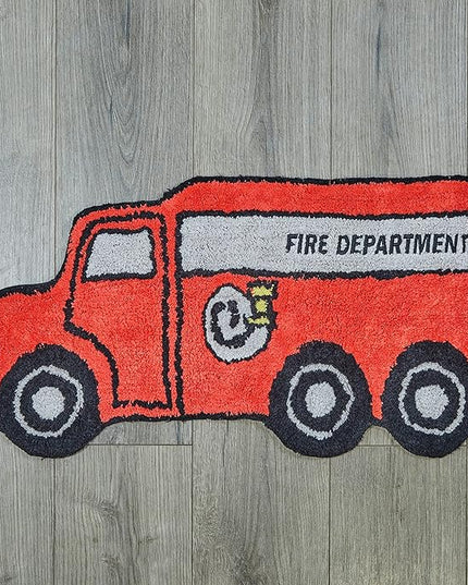 Hand Tufted Firetruck Bedroom or Bathroom Rug - 15x30 in; 100% Cotton Kids Bathroom Mat; Decorative Kids Area Rug - LeafyLoom