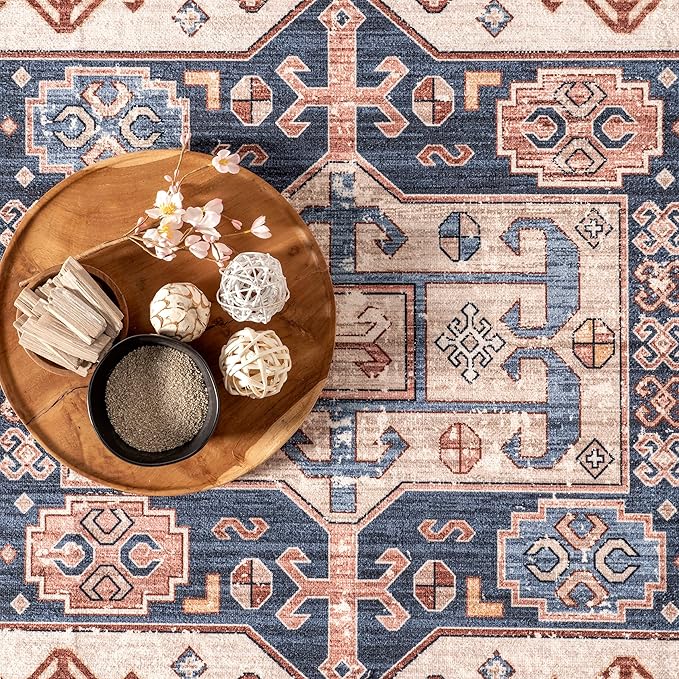nuLOOM Órla Tribal Bordered Machine Washable Ultra Thin Area Rug, 8' x 10', Rust - LeafyLoom
