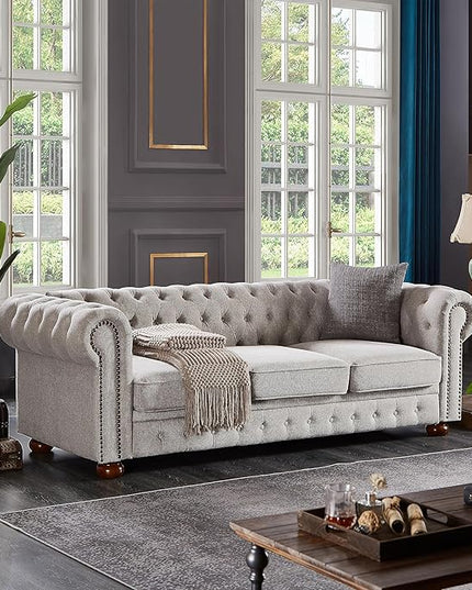Clasic Chesterfield 3 Seaters Sofa Couch W/Luxury Roller Armrest Soild Wood Legs Linen Fabric Upholstered Button Tufted Sofa&Couch with Removable Cushions & Nailhead Decor, 88.5", Light Grey-007 - LeafyLoom