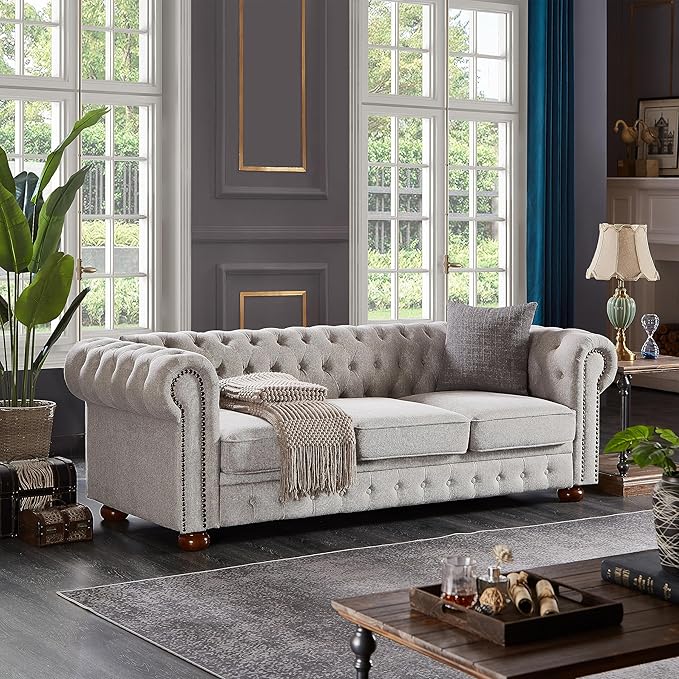 Clasic Chesterfield 3 Seaters Sofa Couch W/Luxury Roller Armrest Soild Wood Legs Linen Fabric Upholstered Button Tufted Sofa&Couch with Removable Cushions & Nailhead Decor, 88.5", Light Grey-007 - LeafyLoom