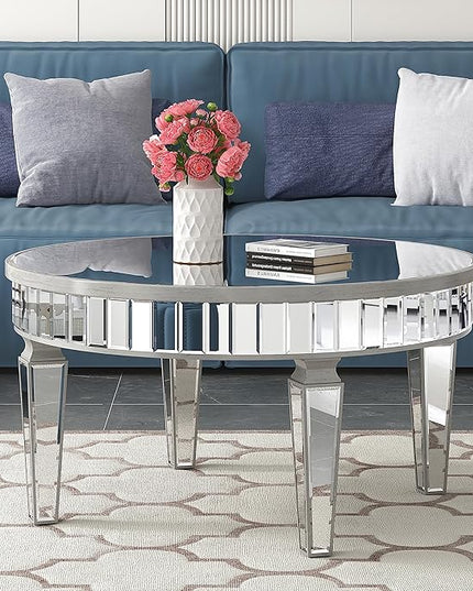 Mirrored Coffee Table - Round Glass Coffee Table with Highly Reflective Mirror - Retro Style - Easy Assembly - Traditional Silver Frame - 31.5 Inch Diameter - Ideal for Living Room - LeafyLoom