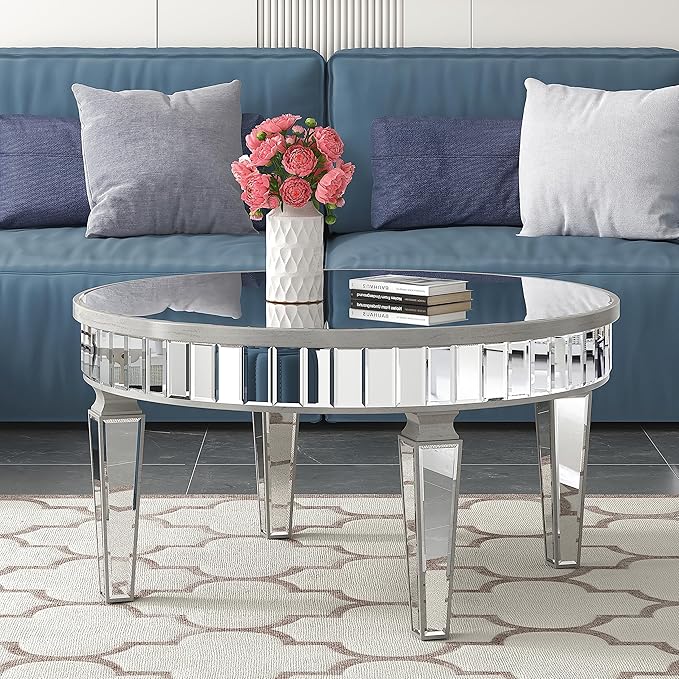 Mirrored Coffee Table - Round Glass Coffee Table with Highly Reflective Mirror - Retro Style - Easy Assembly - Traditional Silver Frame - 31.5 Inch Diameter - Ideal for Living Room - LeafyLoom