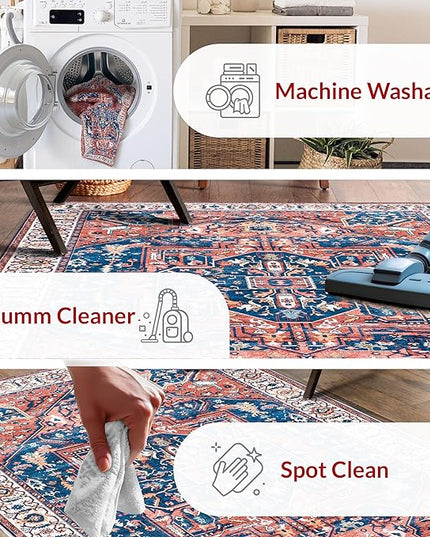 nuLOOM 8x10 Machine Washable Rain Haven Vintage Medallion Area Rug, Rust, Traditional Faded Design, Non-Slip Backing, Stain Resistant, For Bedroom, Dining Room, Living Room, Kitchen - LeafyLoom