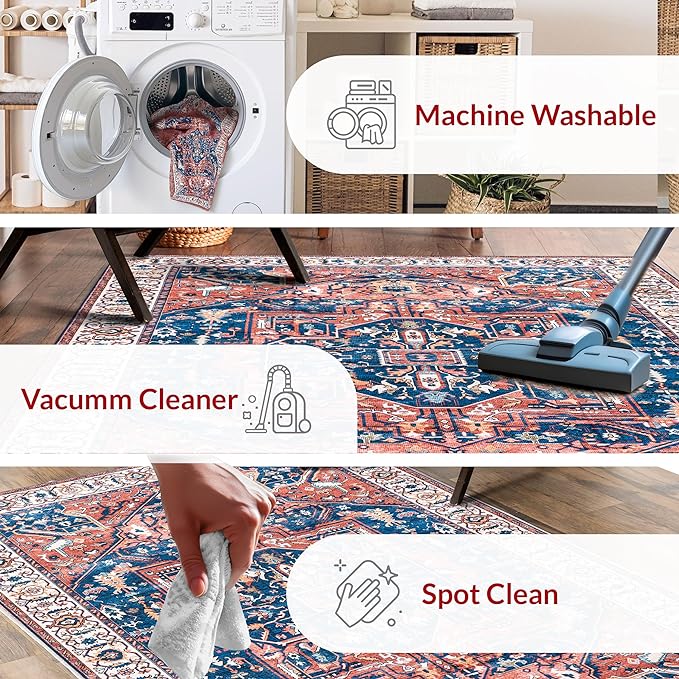 nuLOOM 8x10 Machine Washable Rain Haven Vintage Medallion Area Rug, Rust, Traditional Faded Design, Non-Slip Backing, Stain Resistant, For Bedroom, Dining Room, Living Room, Kitchen - LeafyLoom