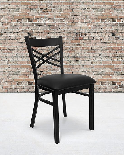 Flash Furniture 4 Pack HERCULES Series Black ''X'' Back Metal Restaurant Chair - Black Vinyl Seat - LeafyLoom