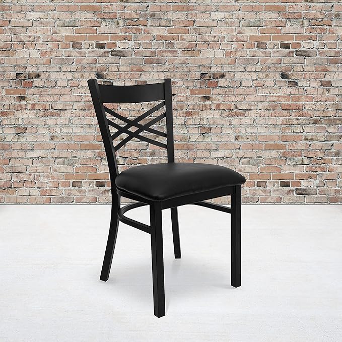 Flash Furniture 4 Pack HERCULES Series Black ''X'' Back Metal Restaurant Chair - Black Vinyl Seat - LeafyLoom