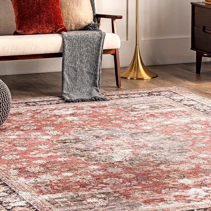 nuLOOM Emelina Traditional Persian Machine Washable Ultra Thin Area Rug, 5' x 8', Red - LeafyLoom
