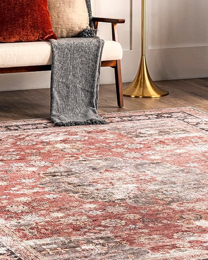 nuLOOM Emelina Traditional Persian Machine Washable Ultra Thin Area Rug, 8' x 10', Red - LeafyLoom