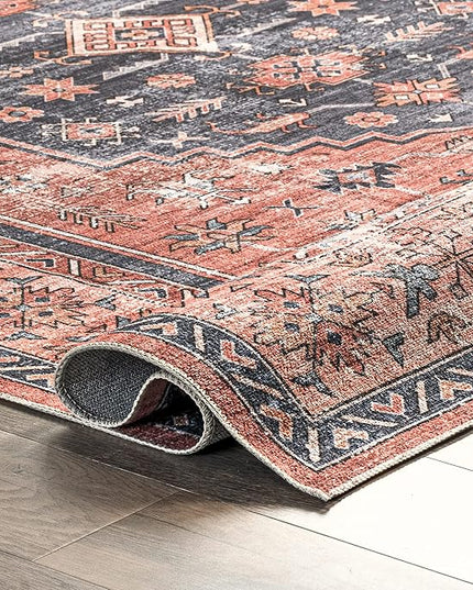 nuLOOM Medallion Bordered Machine Washable Ultra Thin Area Rug, 9' x 12', Rust - LeafyLoom