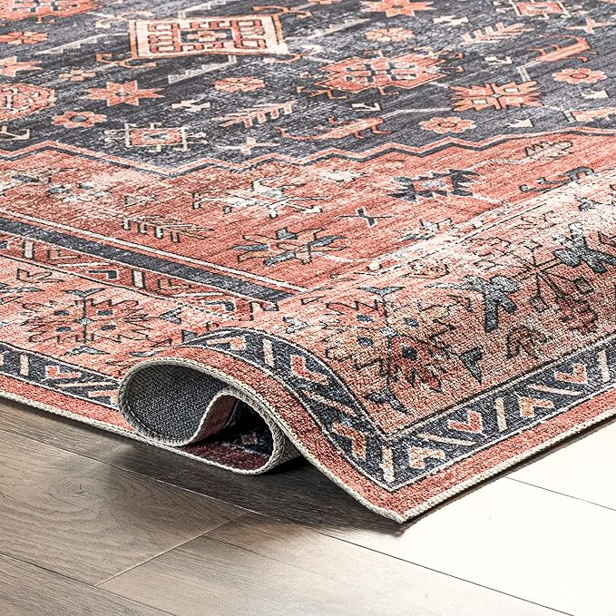nuLOOM Medallion Bordered Machine Washable Ultra Thin Area Rug, 9' x 12', Rust - LeafyLoom