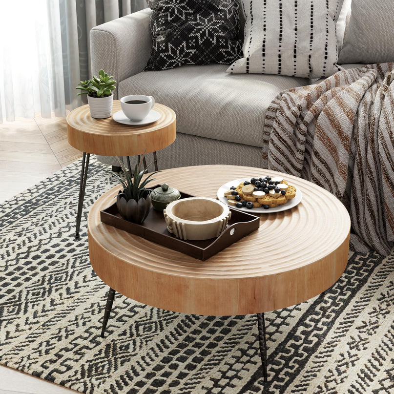 2-Piece Modern Farmhouse Living Room Coffee Table Set, Nesting Table Round Natural Finish with Handcrafted Wood Ring Motif, Wood Colour LeafyLoom