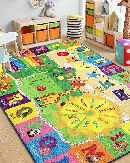 Chicrug Educational 3x5 Kids Area Rug for Playroom, TPR Non Slip Kids Classroom Carpet Rug for Learning ABC Animal, Shape Color Fruit, Washable Play Mat Rug for Children Nursery Toddler Room Decor - LeafyLoom