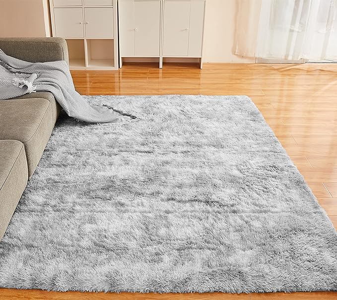 YOBATH Soft Shaggy Area Rug for Bedroom, 5x8 Feet Fluffy Shag Carpet for Living Room Nursery Playroom Baby Kids Girls Room Classroom, Fuzzy Plush Rug room Decor, Tie-Dyed Light Grey - LeafyLoom
