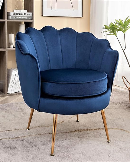 Velvet Barrel Accent Chair with Scalloped Silhouette and Gold Metal Legs, Decorative Piece Suitable for Traditional, Modern, and Contemporary Spaces, Navy Blue - LeafyLoom