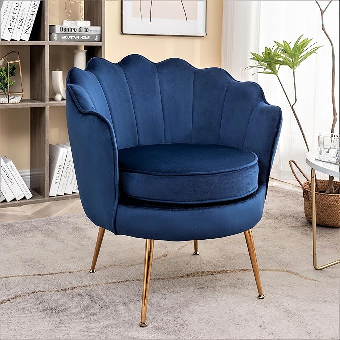 Velvet Barrel Accent Chair with Scalloped Silhouette and Gold Metal Legs, Decorative Piece Suitable for Traditional, Modern, and Contemporary Spaces, Navy Blue - LeafyLoom