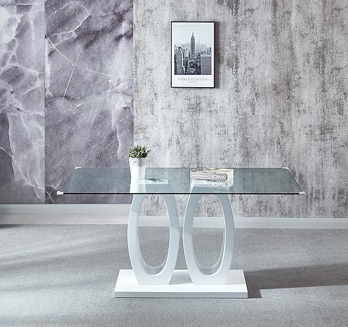 NicBex Modern Minimalist Rectangular Glass Dining Table Contemporary Double Pedestal Dining Table, Tempered Glass Top with MDF Base for Kitchen Dining Living Meeting Room Banquet Hall, White - LeafyLoom