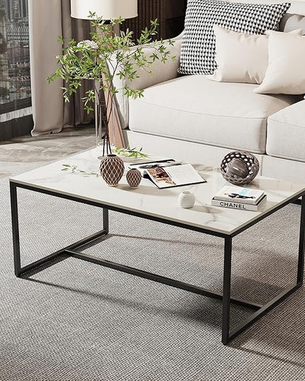 Wisfor Sintered Stone Coffee Table: White Sofa Side Table with Black Metal Frame for Living Room, 39.4x23.6x15.7 Inch - LeafyLoom