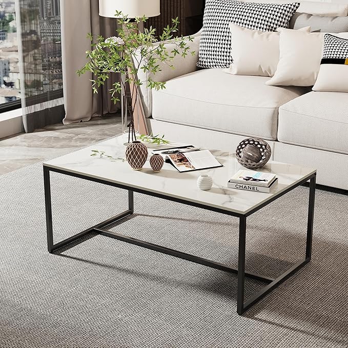 Wisfor Sintered Stone Coffee Table: White Sofa Side Table with Black Metal Frame for Living Room, 39.4x23.6x15.7 Inch - LeafyLoom