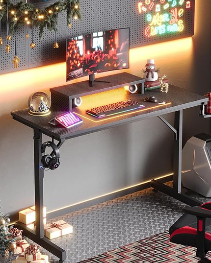 Bestier Small Gaming Desk with Monitor Stand, 42 inch LED Computer Desk, Gamer Workstation with Cup Holder & Headset Hooks, Modern Simple Style Desk for Home Office, Carbon Fiber Black - LeafyLoom