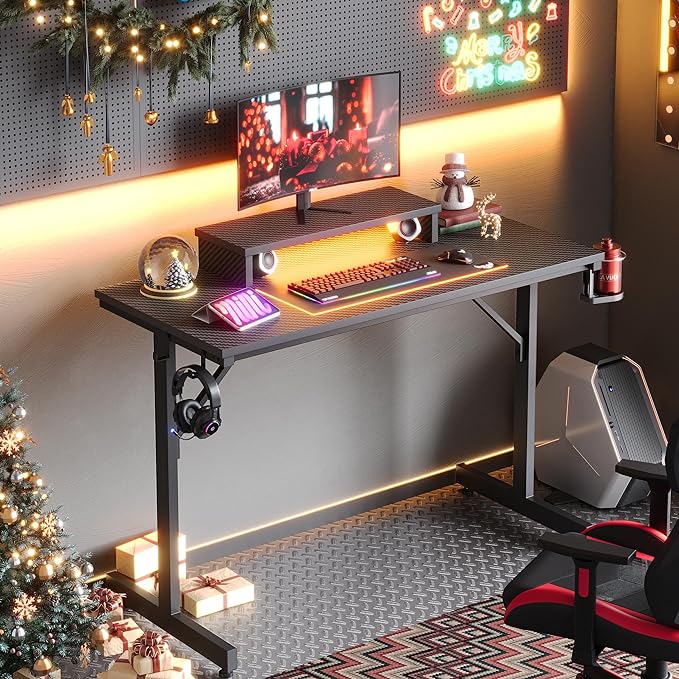 Bestier Small Gaming Desk with Monitor Stand, 42 inch LED Computer Desk, Gamer Workstation with Cup Holder & Headset Hooks, Modern Simple Style Desk for Home Office, Carbon Fiber Black - LeafyLoom