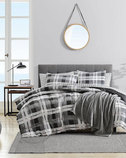 Nautica- Twin XL Comforter Set, Reversible Microsuede Bedding with Matching Sham(s), Casual Home Decor (Crossview Plaid Charcoal, Twin XL) - LeafyLoom