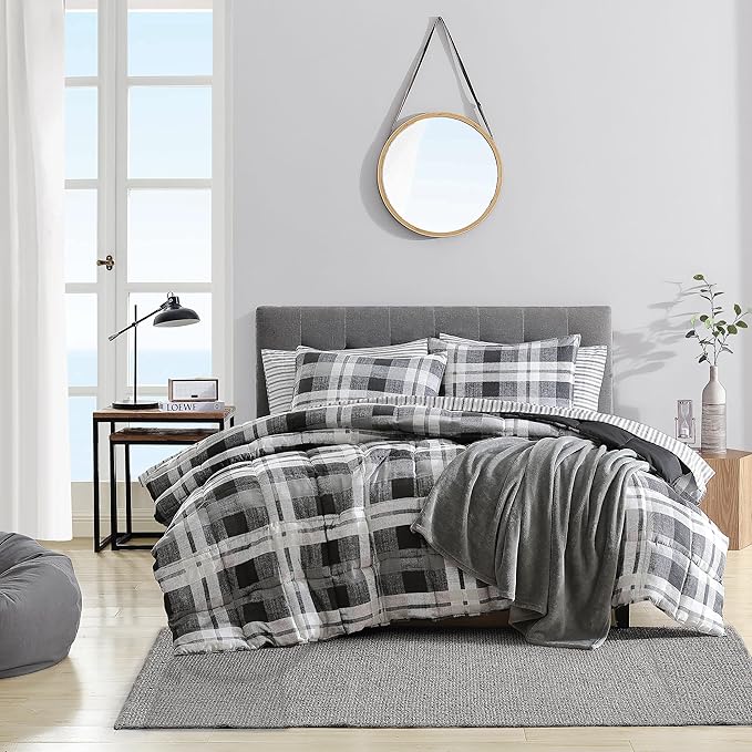 Nautica- King Comforter Set, Reversible Microsuede Bedding with Matching Sham(s), Casual Home Decor (Crossview Plaid Charcoal, King) - LeafyLoom