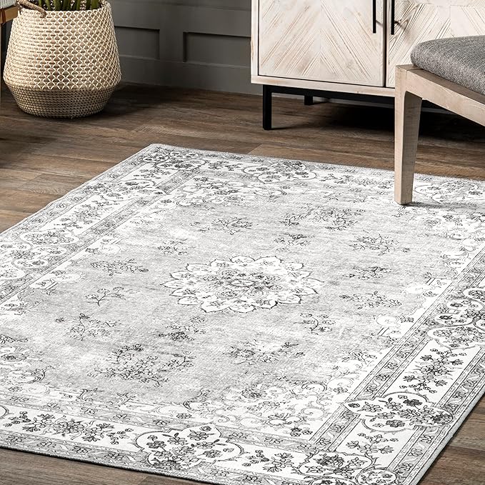 nuLOOM Ren Vintage Floral Machine Washable Ultra Thin Area Rug, 4x6, Grey - LeafyLoom