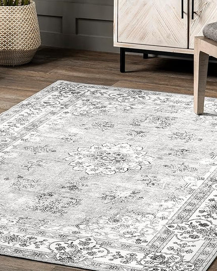nuLOOM Ren Vintage Floral Machine Washable Ultra Thin Area Rug, 5x8, Grey - LeafyLoom